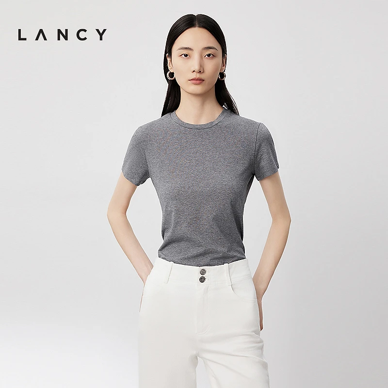 LANCY/朗姿2024夏季新款基础款圆领打底短袖t恤质感薄款上衣女