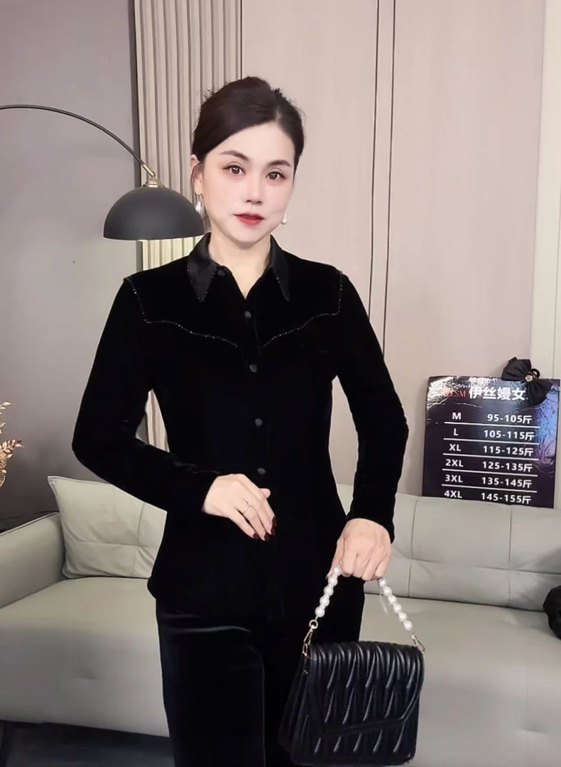 新款面膜丝绒重工琉璃珠时尚衬衫上衣