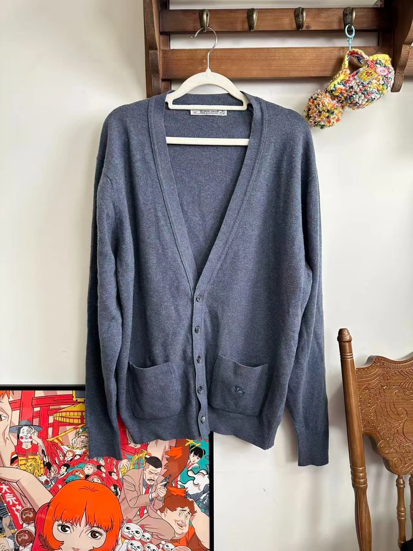 灰蓝紫色V领纯色开衫孤品古着毛衣【苏格兰产】