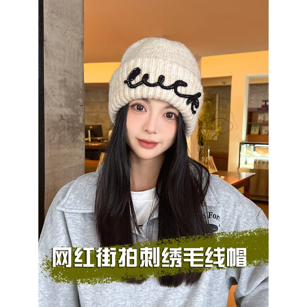 韩版美式复古宽松字母刺绣大头围百搭堆堆帽子女佩戴舒适毛线帽潮