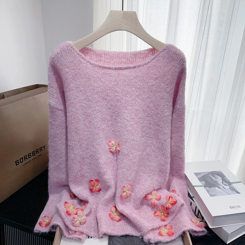 粉色重工钉珠花朵长袖针织衫女秋冬2025新款慵懒风软糯宽松毛衣潮