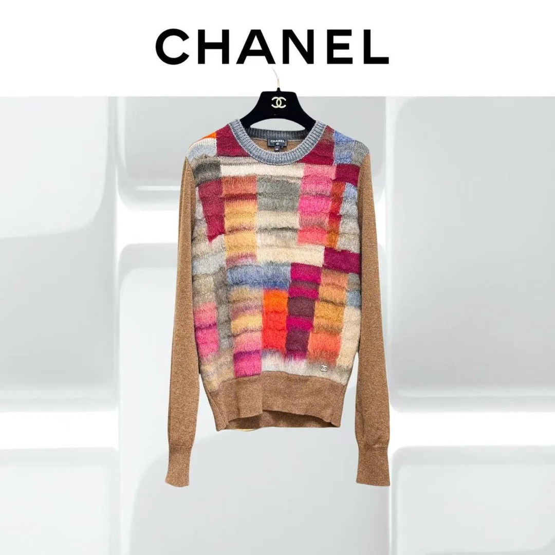 99新 Chanel/香奈儿 38码24A咖色混色拼接圆领针织上衣