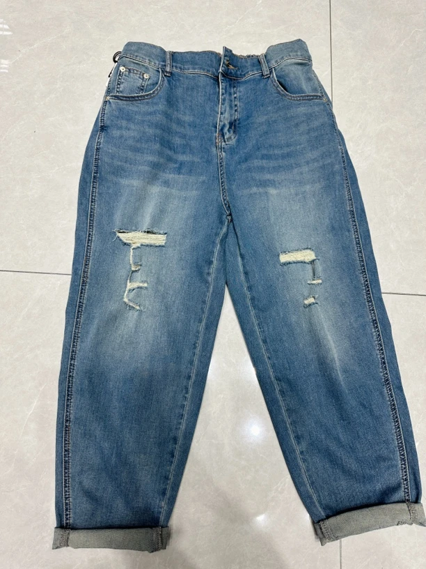 夏季薄款高腰显瘦破洞牛仔老爹裤大码宽松百搭