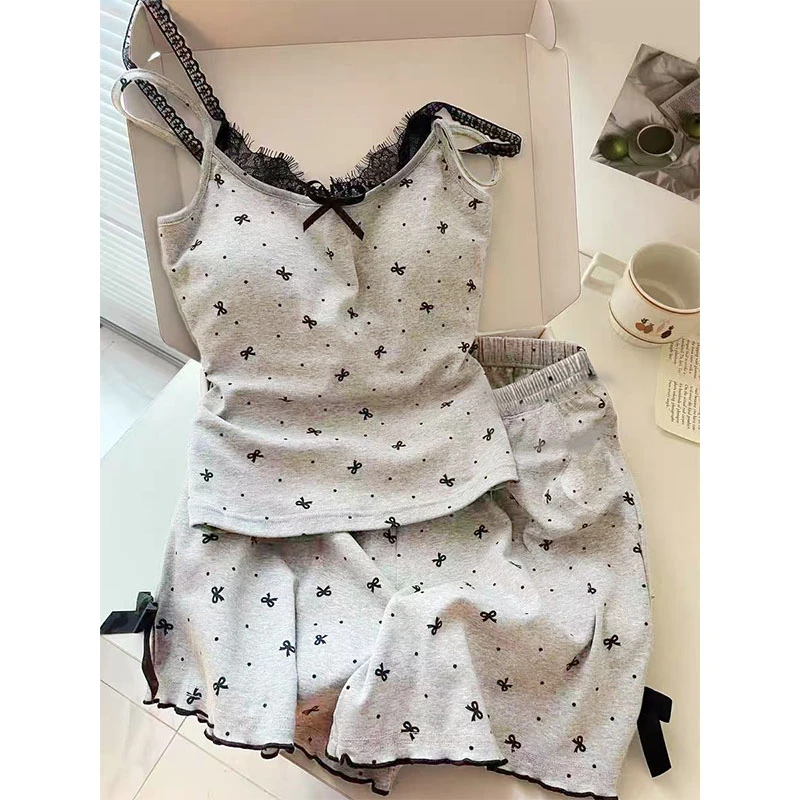 带胸垫甜美可爱吊带睡衣女夏季新款蕾丝背心短裤居家服