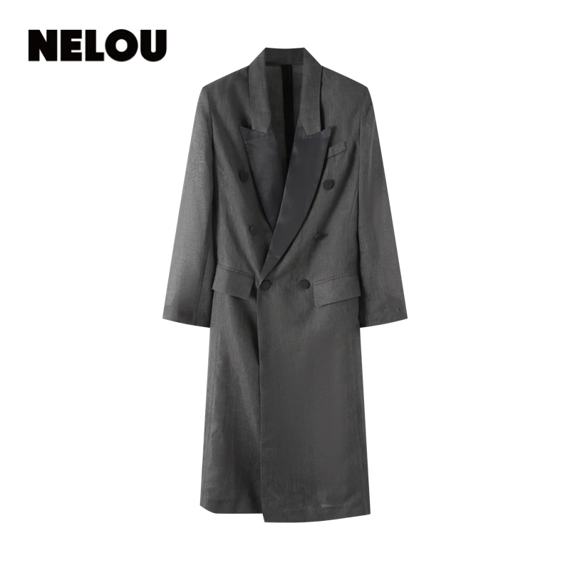 NELOU棱角大衣张显直角肩长款亚麻风衣新款设计感女装高级气质感