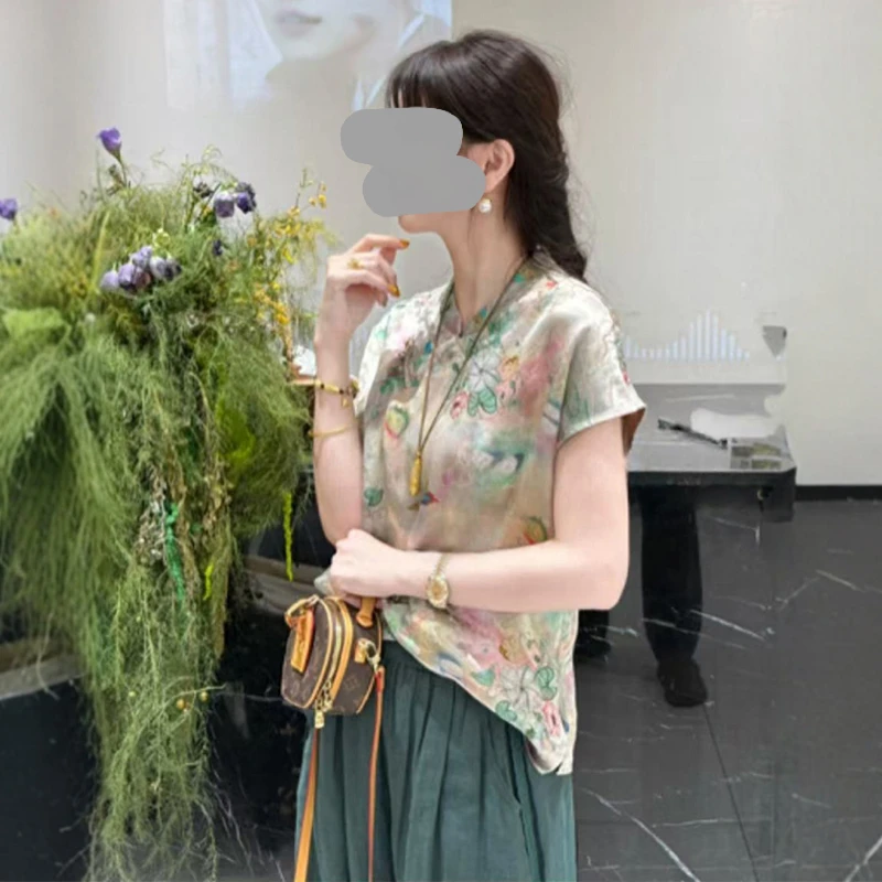 新中式盘扣印花上衣+阔腿裤两件套女2025夏季新款百搭时尚套装潮