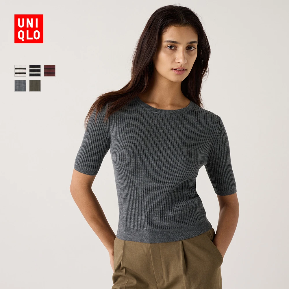 优衣库女装精纺美利奴羊毛罗纹圆领针织衫5分袖上衣472272 471596