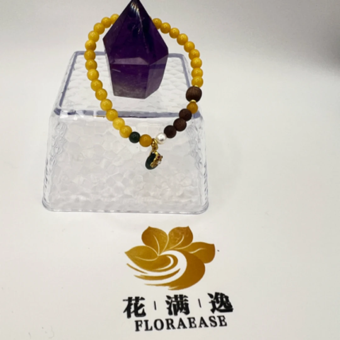 蜜蜡圆珠小米珠手串+翡翠平安扣小滴溜天然单圈女士手工精美