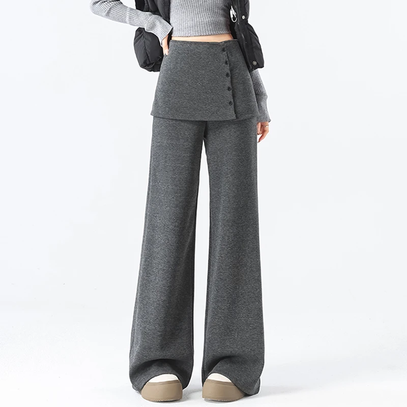 加绒灰色假两件屁帘微喇裤女冬新款高腰显瘦时尚炸街休闲拖地裤
