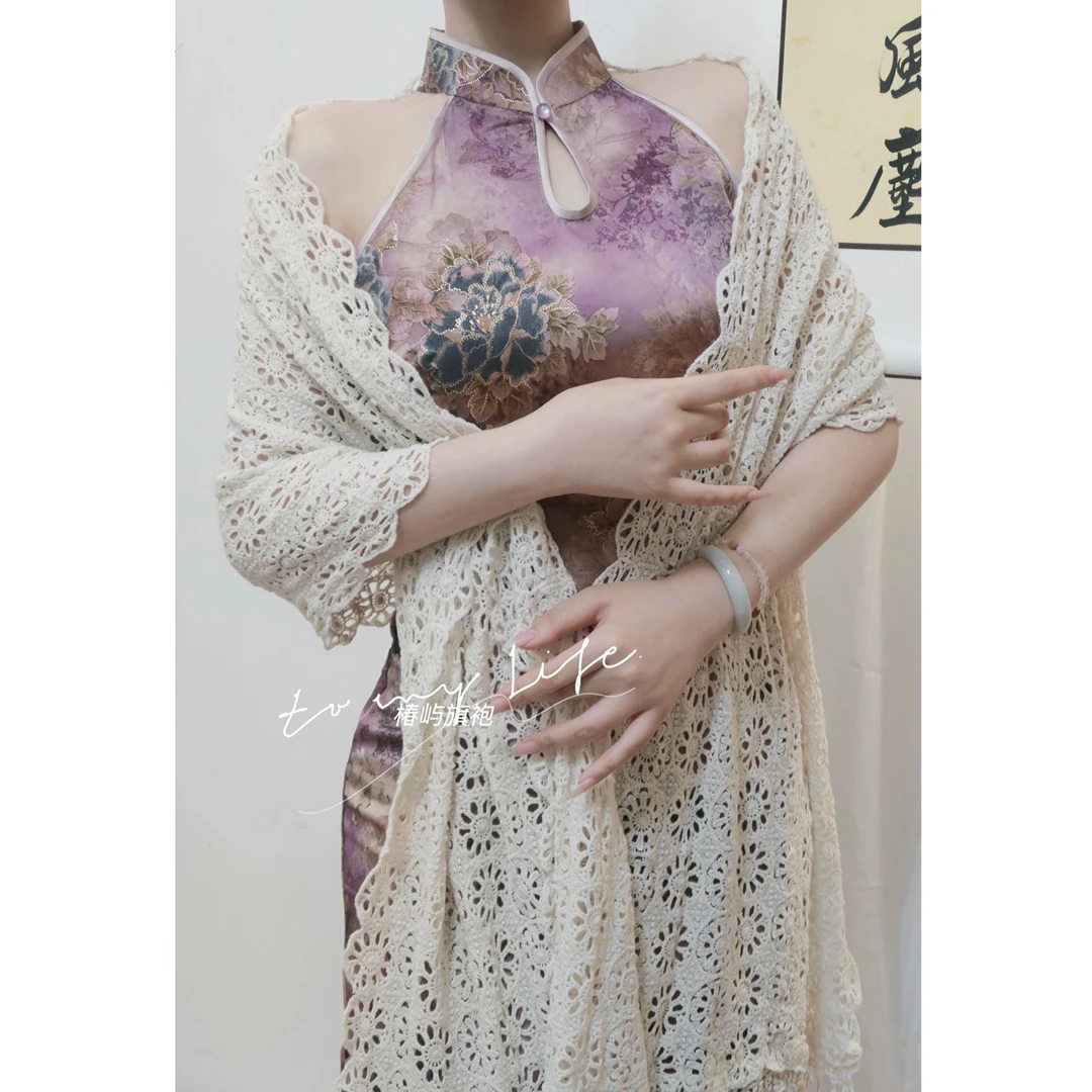 【椿屿旗袍】针织披肩镂空流苏防晒旗袍外搭杏色