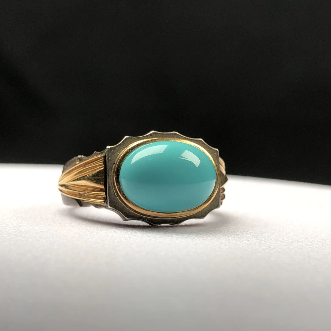 鼎玉绿松石湖北原矿无优化瓷釉级绿松石戒指 银加金 基地出地大