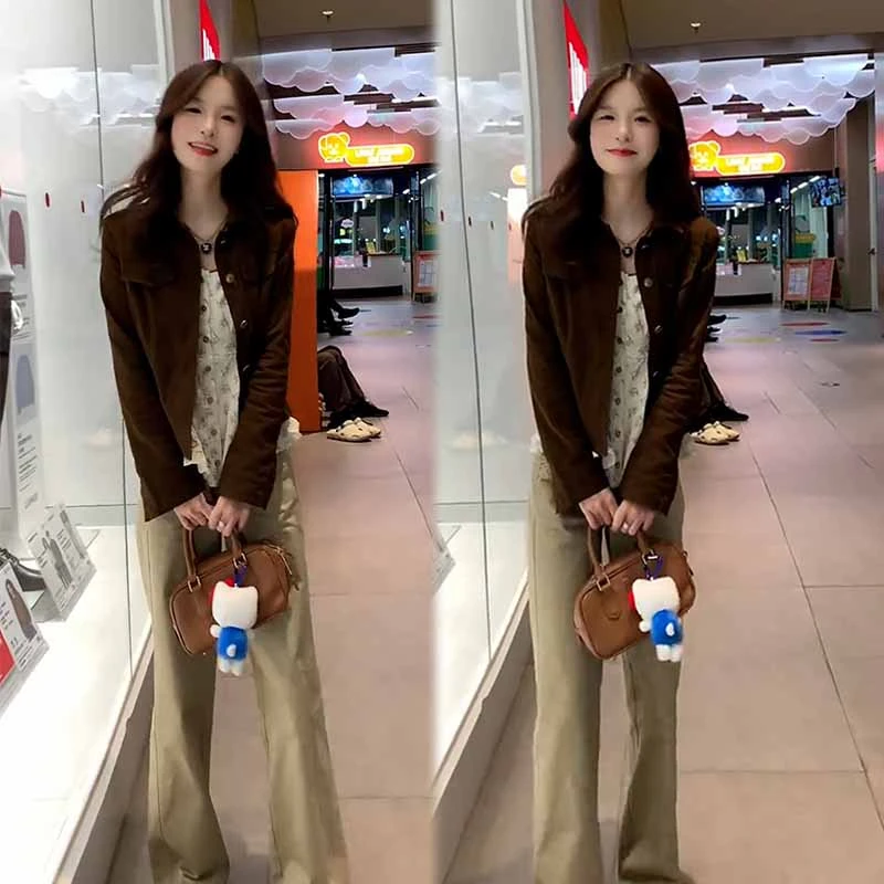 2025秋季新款设计感街头风长袖开衫内搭吊带背心休闲阔腿裤三件套