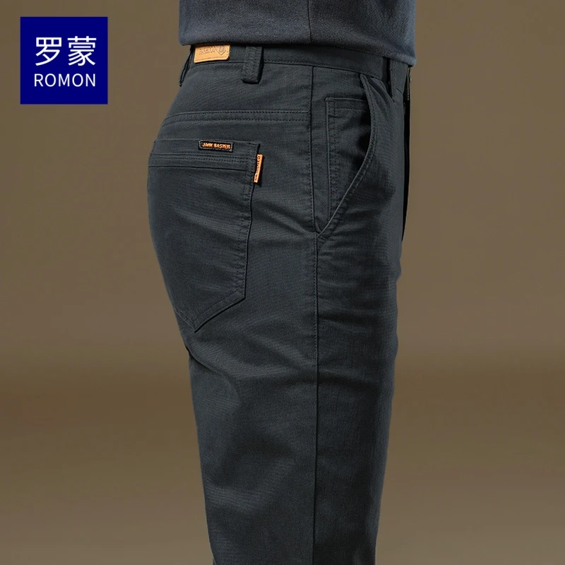 罗蒙高端黑色休闲裤男秋冬季修身直筒加绒加厚款男士商务百搭西裤