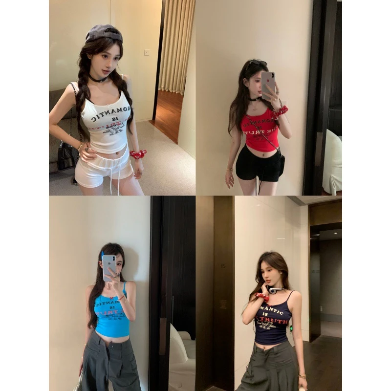 纯欲风辣妹多巴胺蓝色字母印花吊带小背心女修身显瘦短袖无袖上衣