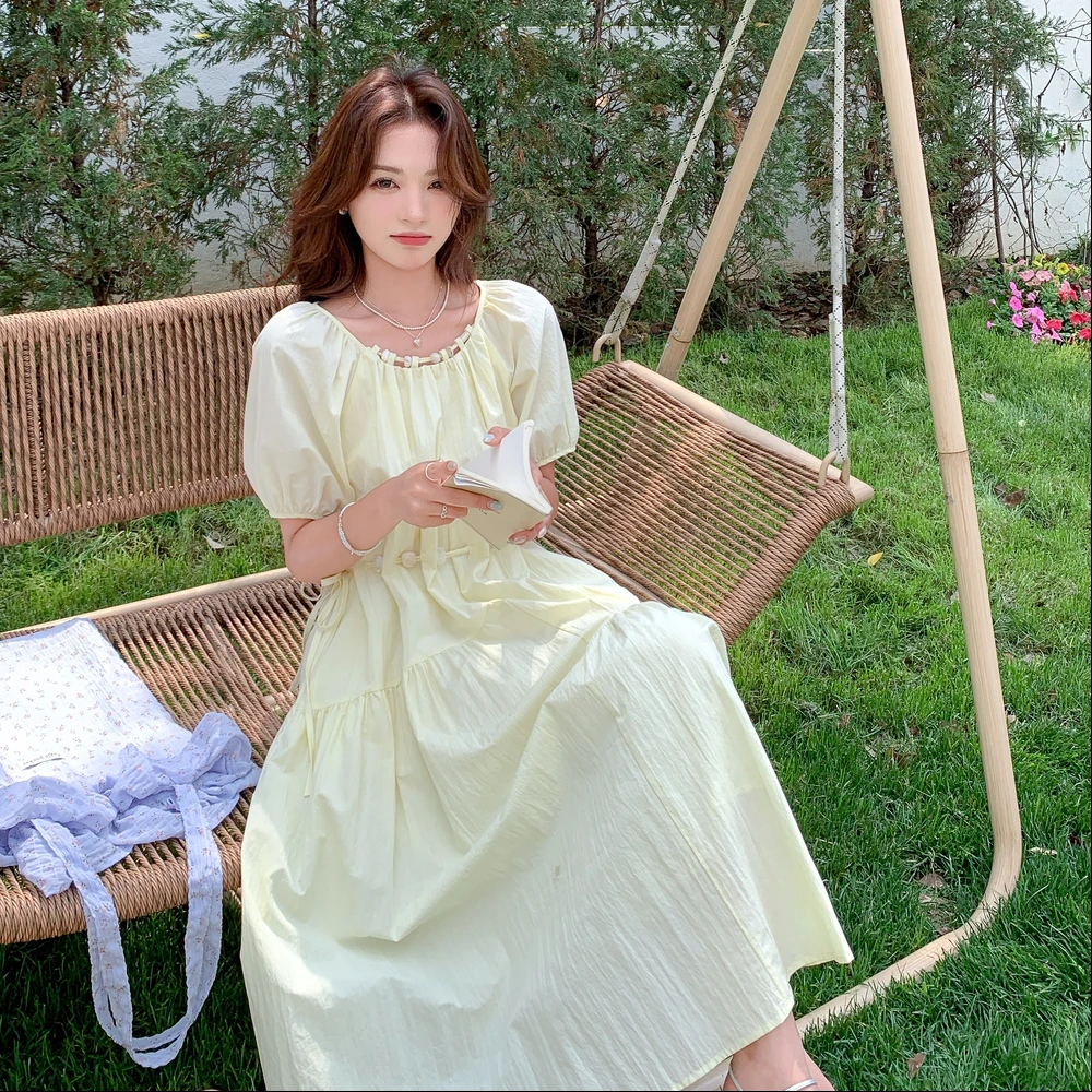 连衣裙女夏季新款女装温柔风泡泡袖拼接小众甜美法式小清新中长款