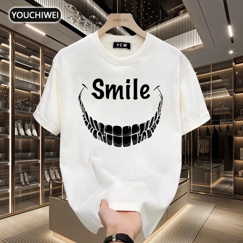 纯棉潮牌重磅短袖圆领T恤时尚痞帅笑脸印花潮休闲ins百搭上衣t恤