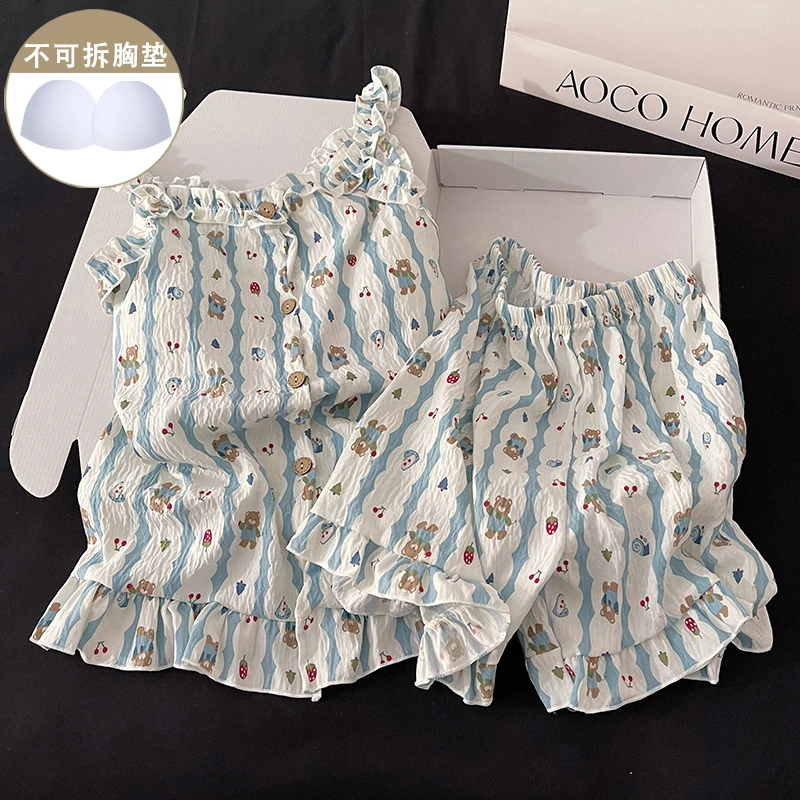 蓝色条纹小熊睡衣女生新款夏季性感吊带短裤甜美带胸垫家居服套装