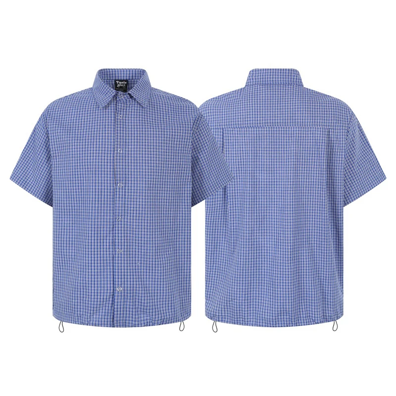 苏格拉底研究所 蓝色格纹抽绳短袖衬衫短袖T恤miu系情侣TP235