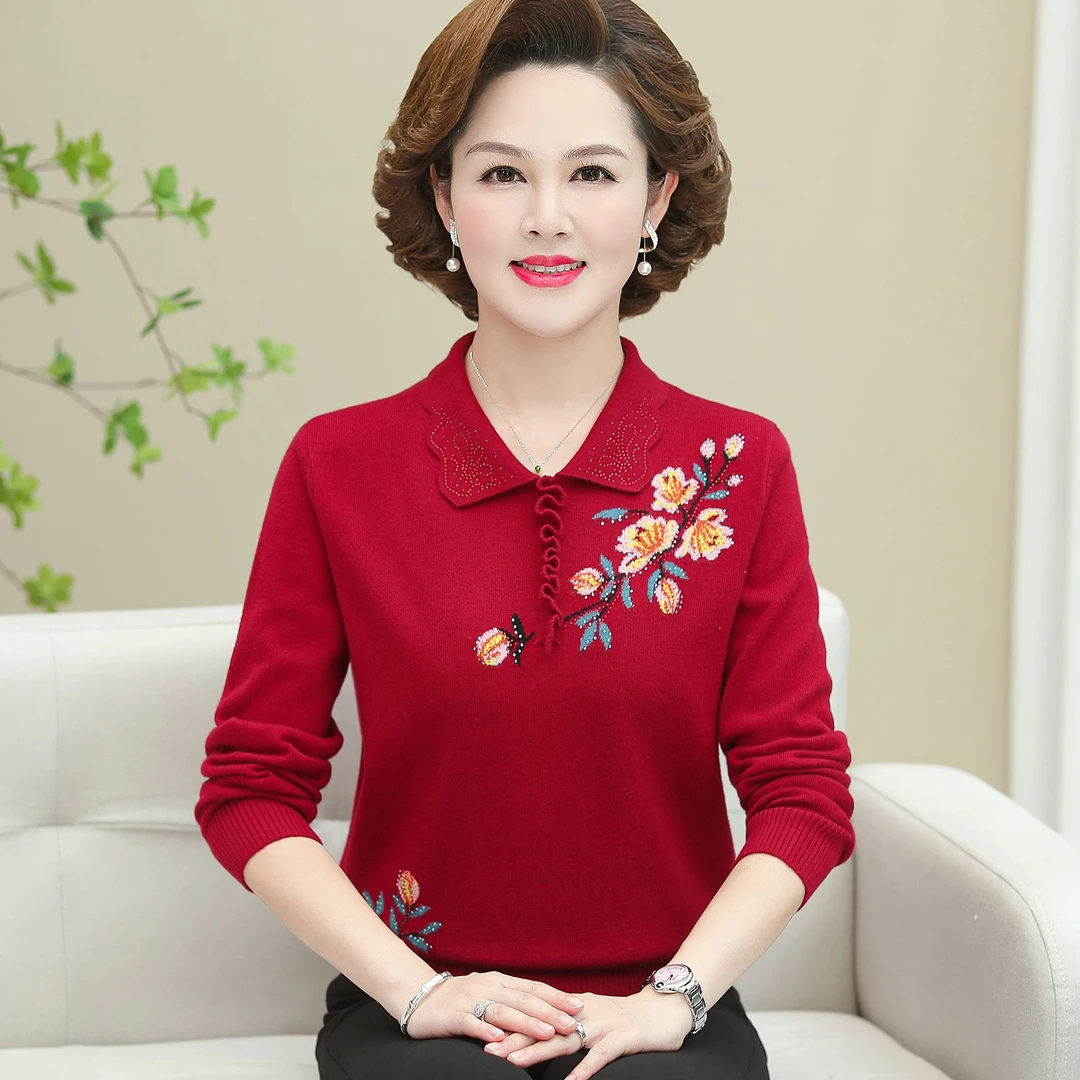 妈妈装秋装T恤长袖针织衫洋气上衣中老年女衣服春秋气质薄款小衫