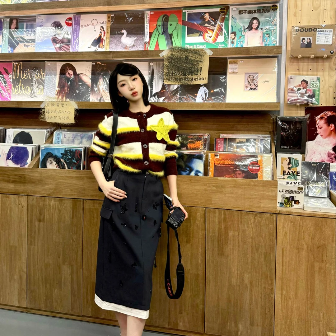 设计师品牌YANGHAIYANG 24AW新款钉珠拼接长半裙