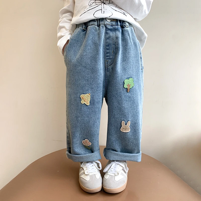儿童裤子春秋装2025新款女童牛仔裤时髦小女孩直筒阔腿裤女宝宝潮