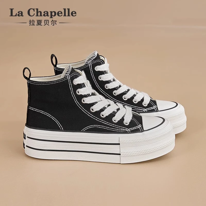 拉夏贝尔高帮帆布鞋女2025冬季新款经典百搭厚底透气增高休闲板鞋