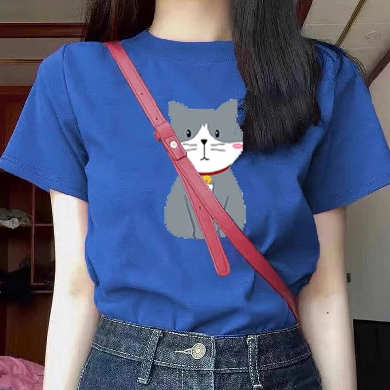 大码女装300斤加肥胖mm夏季猫咪宽松短袖上衣遮肚显瘦印花t恤女
