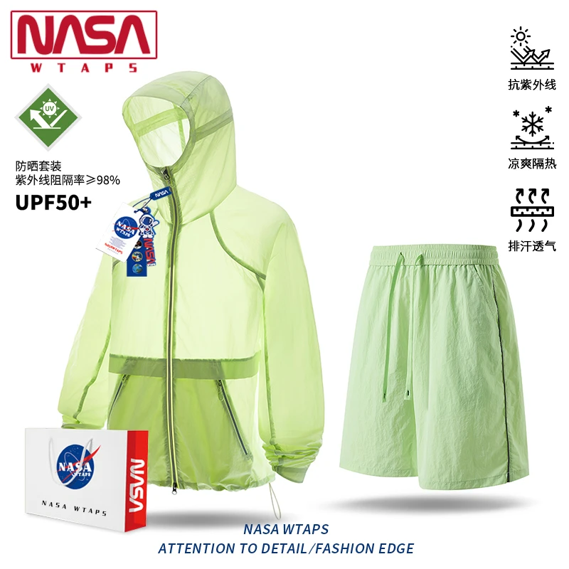 NASA WTAPSUPF50+防晒衣套装男夏季冰丝情侣款速干上衣短裤两件套