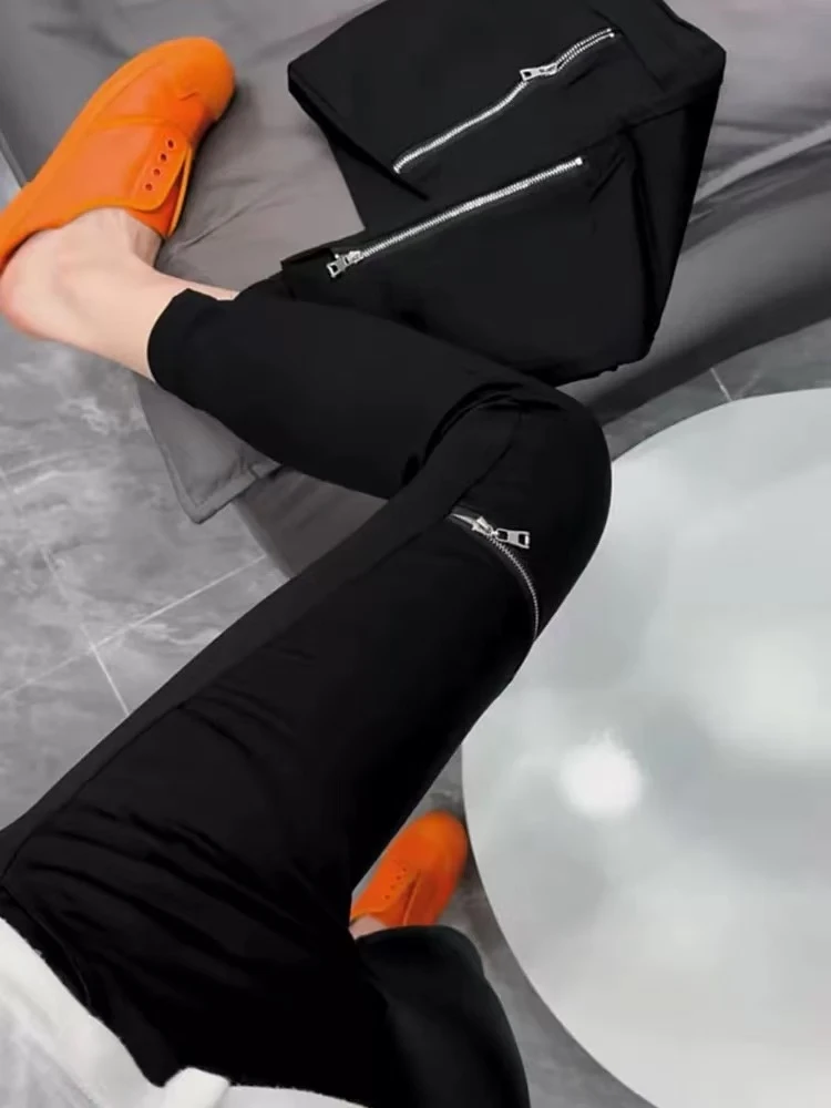 拉链九分裤紧身裤默认厚度打底裤开叉黑色长裤