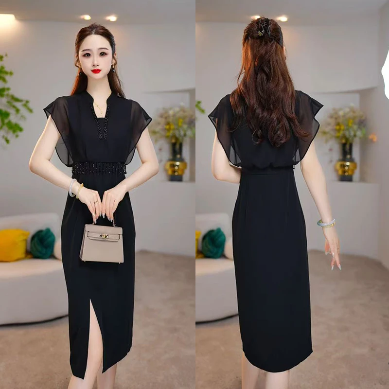 【墨影逸香】2025夏季新款收腰显瘦洋气减龄轻奢女人味黑色连衣裙