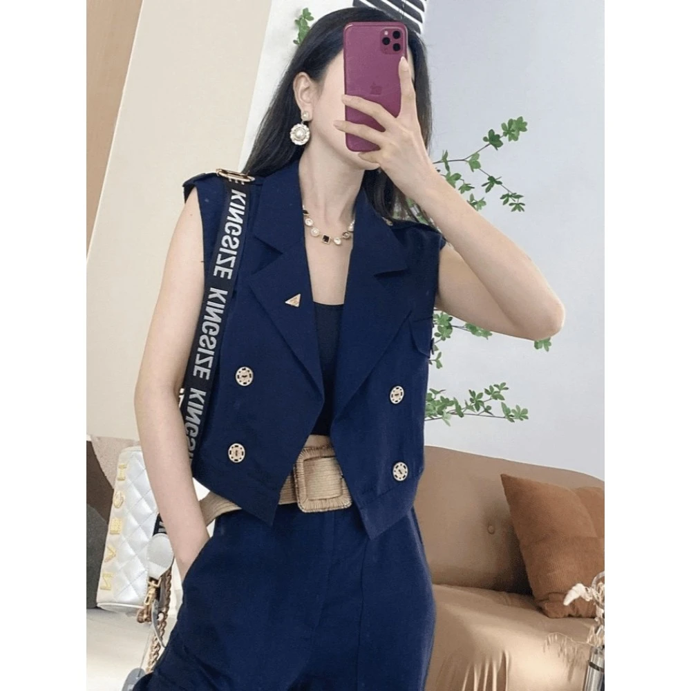 A362 法式高级感套装女夏季双排扣马甲上衣韩风chic一整套阔腿裤