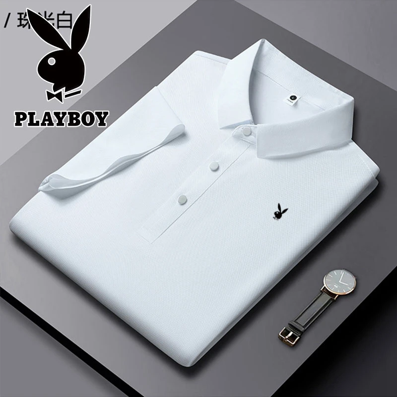 花花公子冰丝夏季男士短袖POLO衫纯色透气凉爽商务休闲翻领半袖