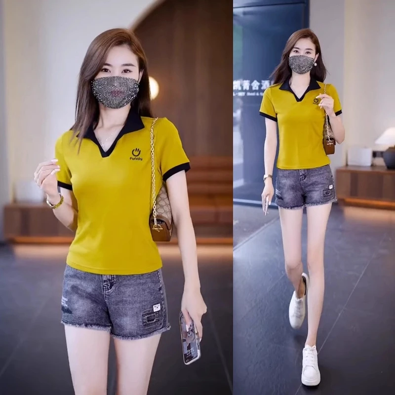 时尚洋气短袖t恤套装女2025年夏季新款小个子百搭修身显瘦V领上衣