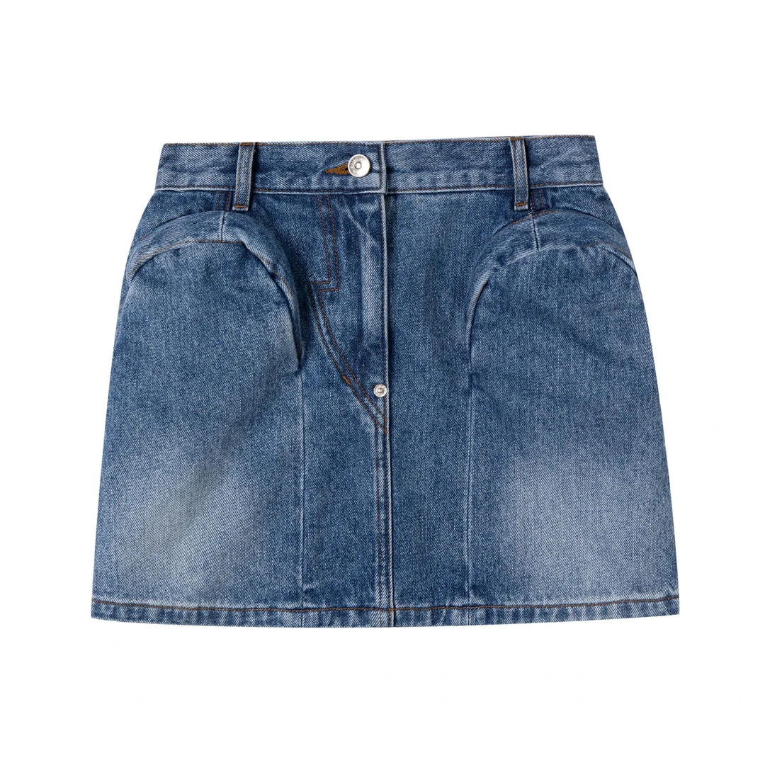 PENGXIAXI 深圳南油设计师款牛仔半裙立体设计蓝色牛仔裙半裙