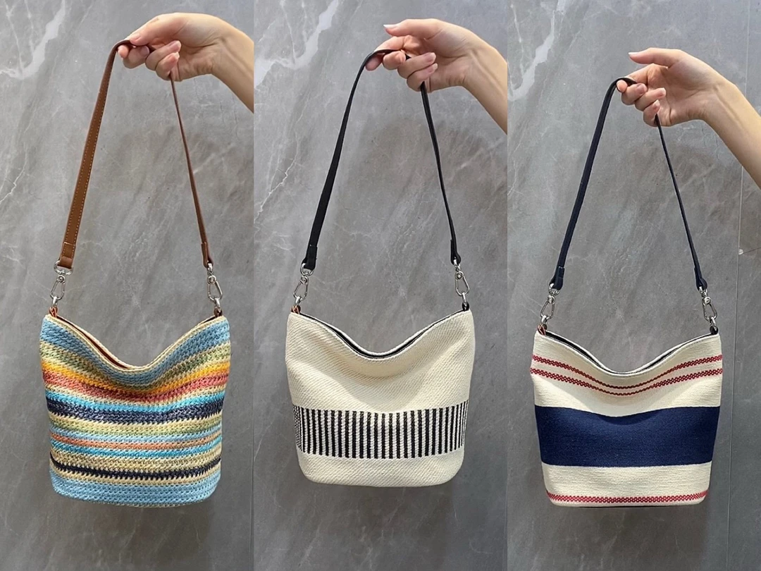 2025新款轻便帆布条纹帆布配牛皮水桶包小众设计百搭单肩斜挎包潮