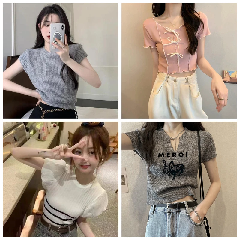 韵 高腰修身露脐辣妹短款小个子短袖针织上衣百搭薄款显瘦气质