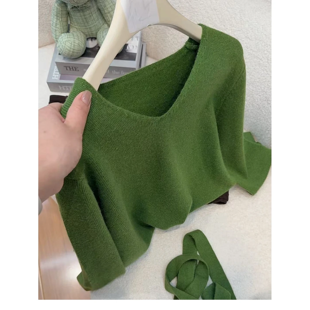丽姐家~气质飘带绿长袖针织百搭宽松圆领秋冬上衣859