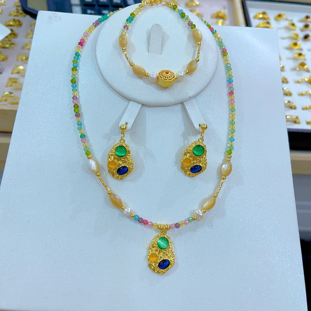 钛钢项链 1290新款三件套首饰耳环项链戒指爆款白搭时尚金色