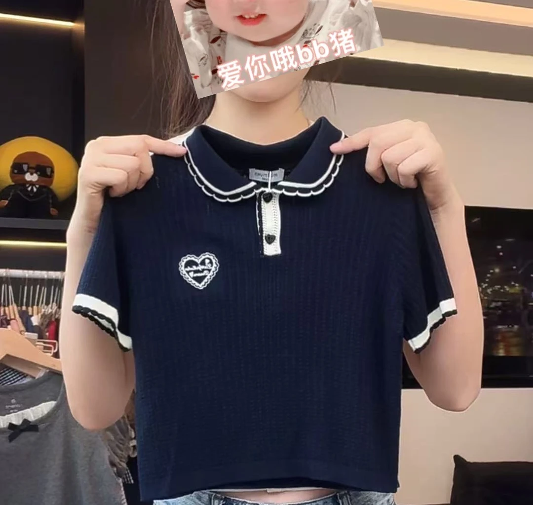 现【miu系千金】阿卷夏针织衫爱心刺绣娃娃领软针织POLO上衣MPG5972