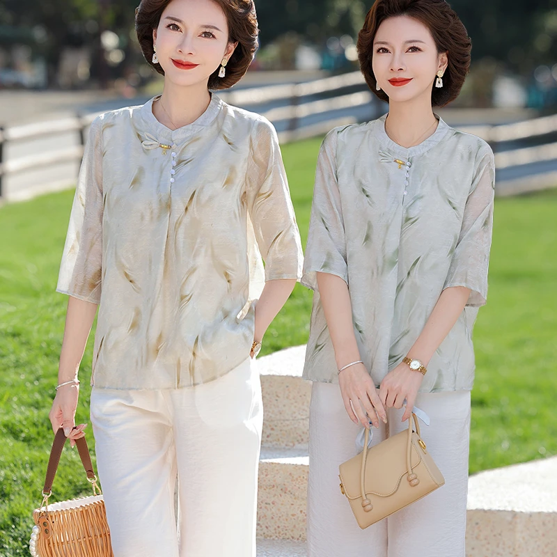中年妈妈夏季时尚减龄小衫套装2025新款洋气上衣中老年女装两件套