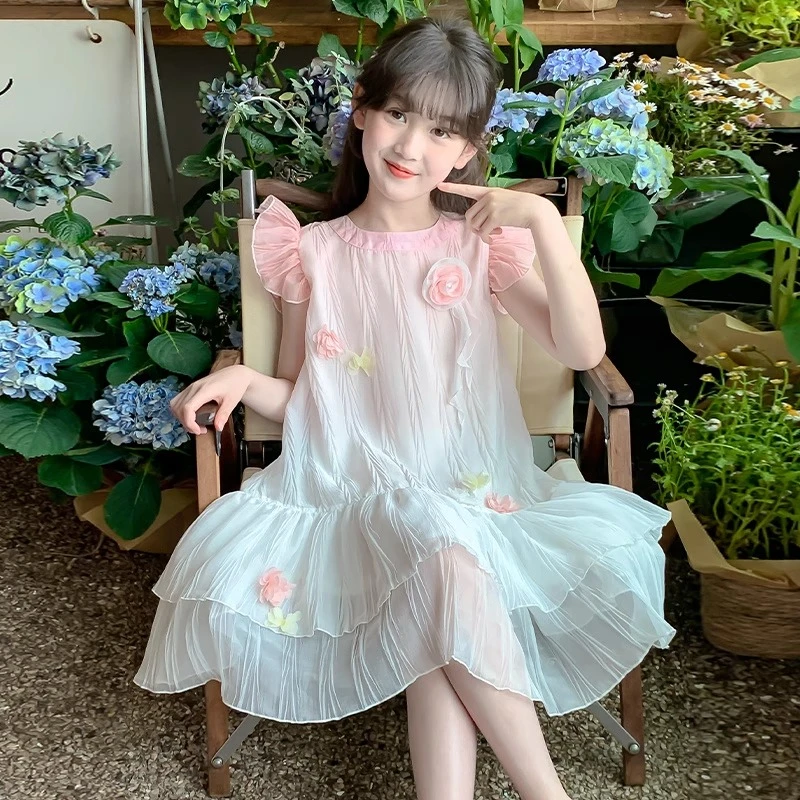 女童夏装连衣裙2025新款儿童洋气花朵裙子女孩夏季大童飞袖公主裙