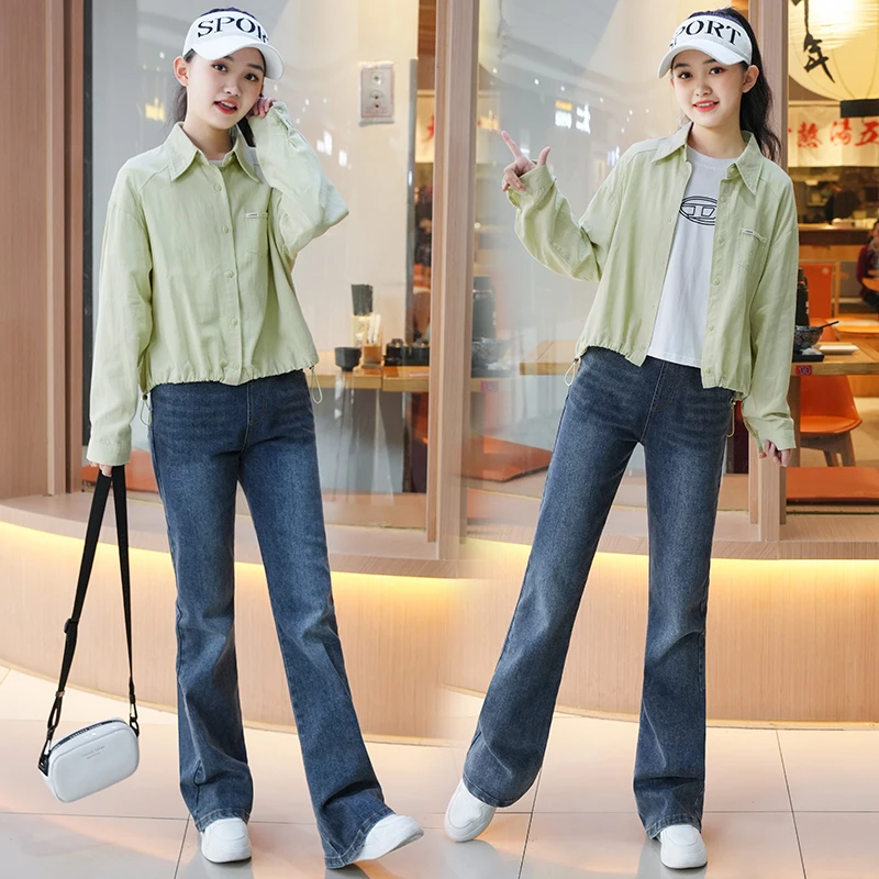 女童春夏套装2025新款青少年初高中生时尚休闲衬衫T恤牛仔裤套装