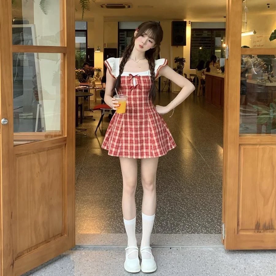 小飞袖公主裙红格物语少女感清新气质复古红格纹小个子百搭短裙子