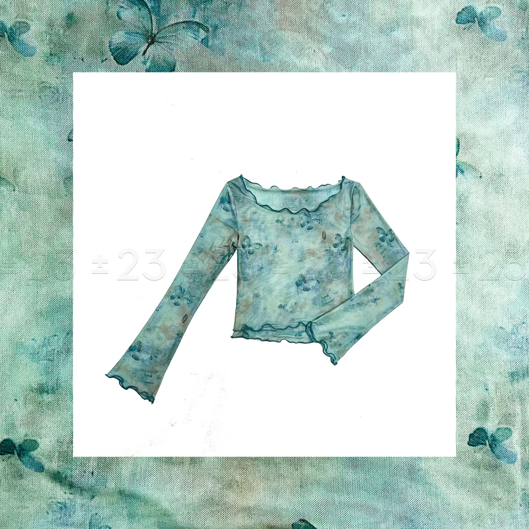 Kenny‘s ±23【湖蝶】SS25003春夏一字肩湖泊色蝴蝶短款网纱长袖