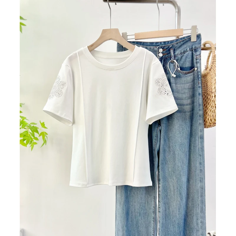 SPW私品味 2025夏季新款短袖蕾丝拼接T恤女 SS660