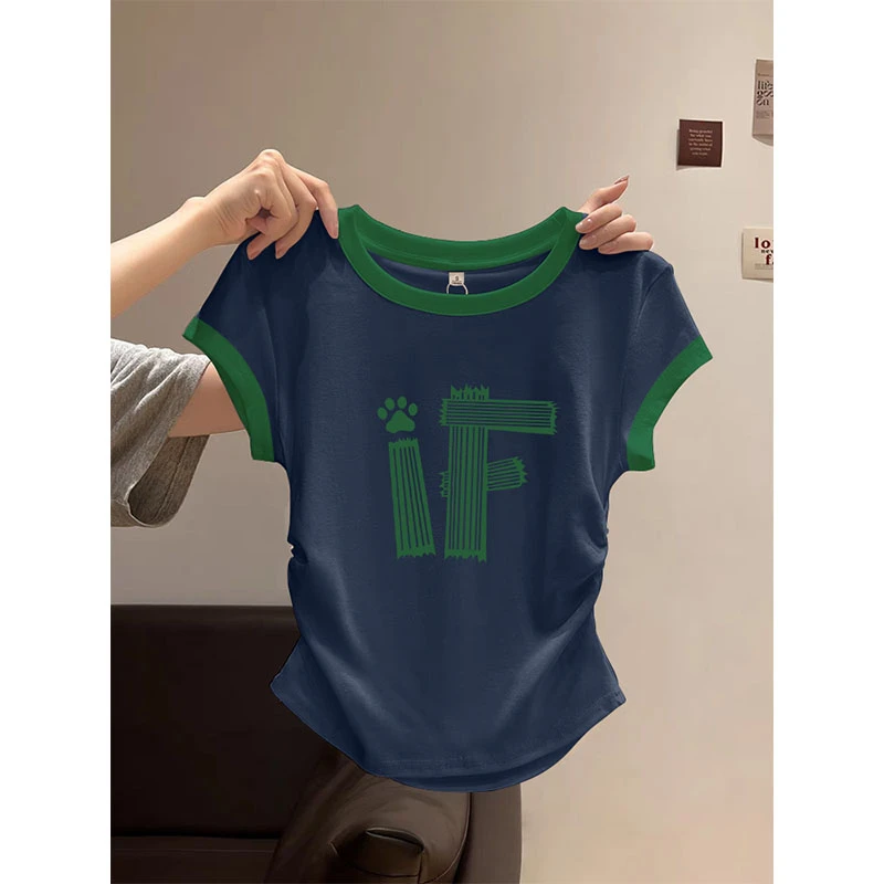 小飞袖正肩拼色短袖t恤女2025春夏季设计感小众收腰修身显瘦上衣