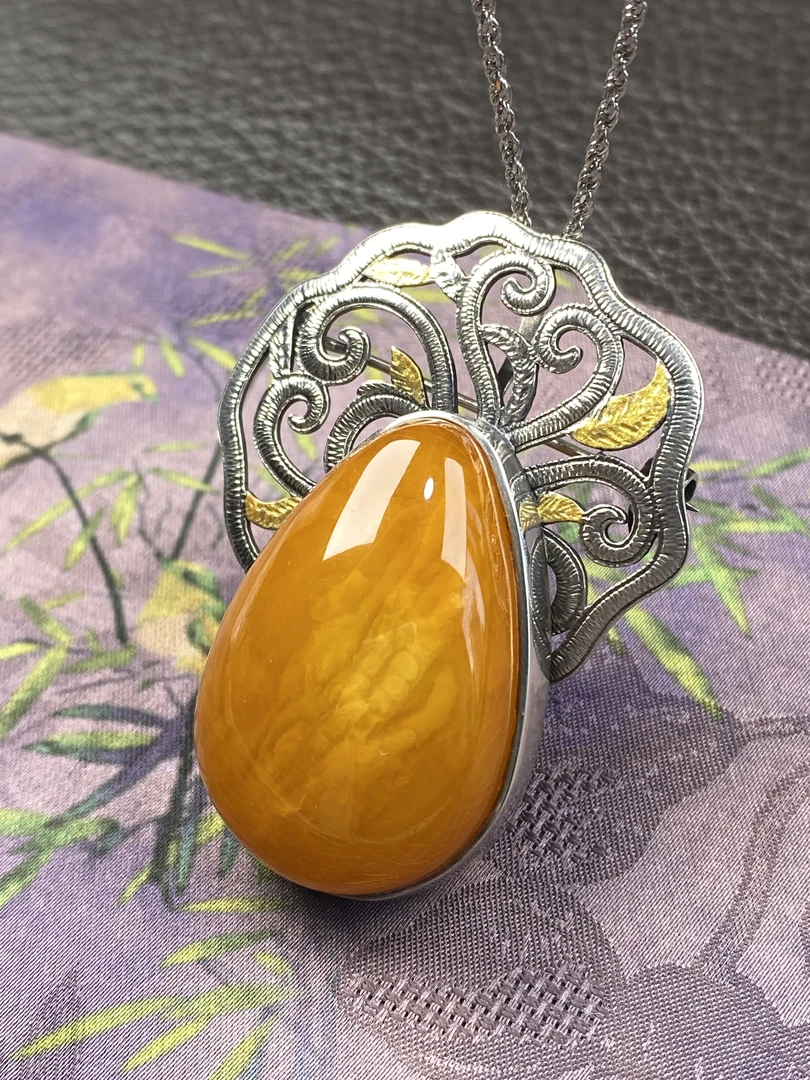 【山珊】中古S925银镶天然老蜜蜡水滴项链胸针两用款01042复古时尚