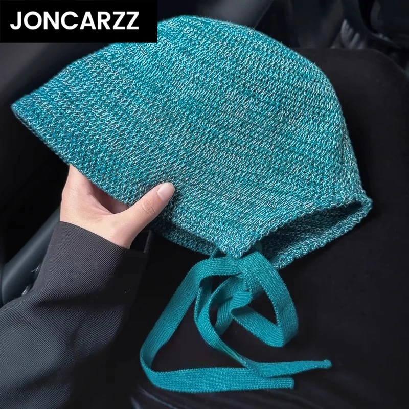 JONCARZZ日系倪妮同款飘带蓝色渔夫帽针织透气大头围显脸小盆帽