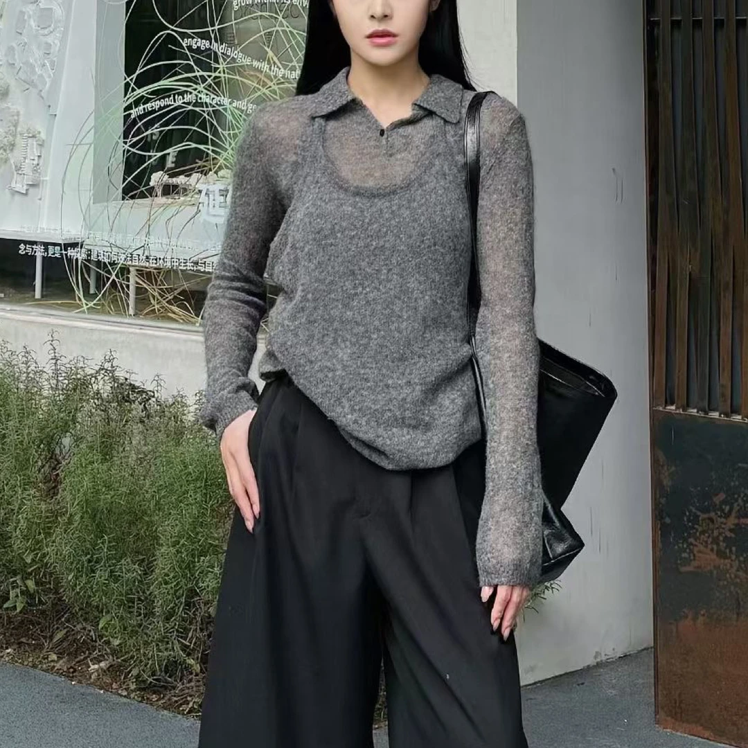 秋冬修身显瘦衬衫领微透感针织两件套毛衣