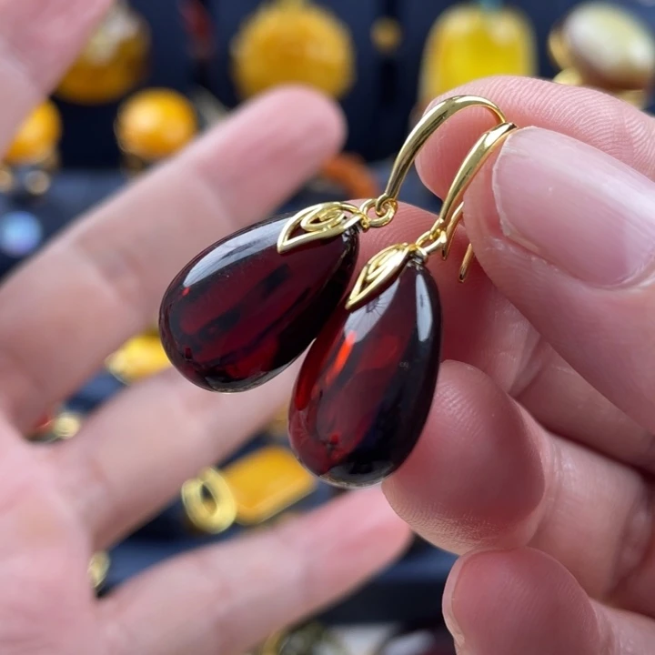 血珀耳饰银S925镀金镶嵌